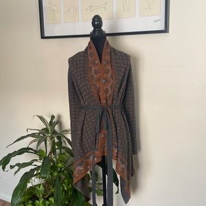 Anthropologie Field Flower Sweater Coat L Belted Cascading  Charcoal Gray Camel